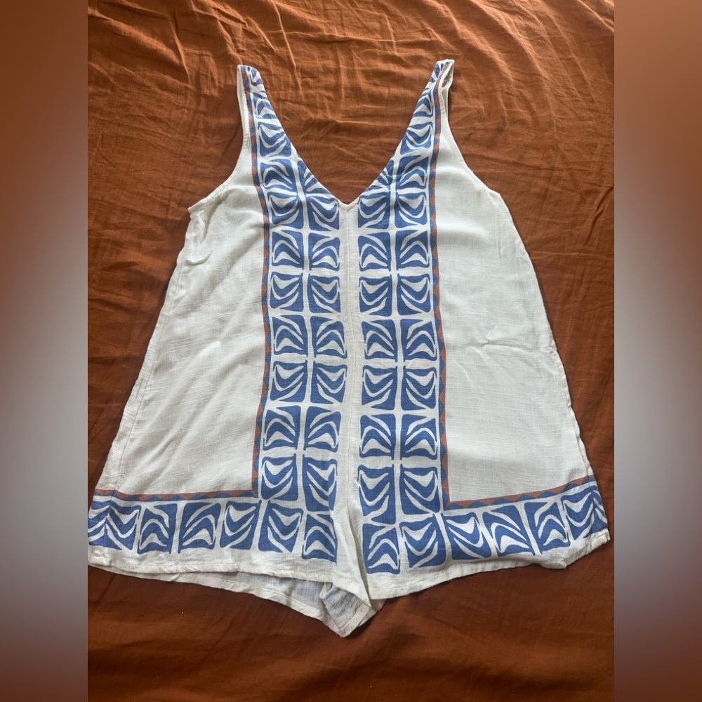 Linen Blend Boho Romper | Blue Block Print | Resort / Beachwear